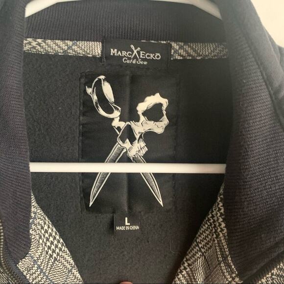 Marc Ecko Cut & Sew Jacket Blue Gray Plaid Stripe Zip Front Racing Stripes Large - Picture 2 of 7